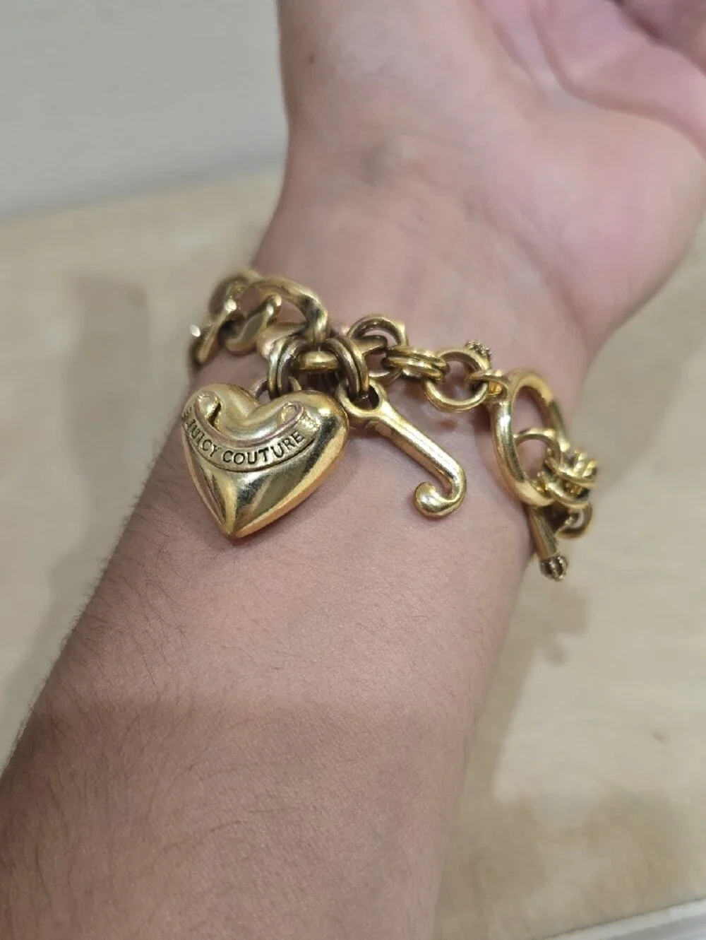 Juicy Couture Gold Heart Charm Toggle Bracelet with Initial J